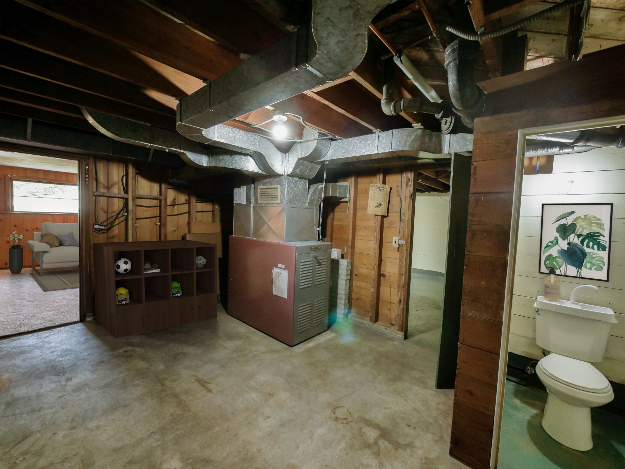 Furnace room with storage and workshop opportunities and tidy .25 Bath on Lower level ready for upgrades.